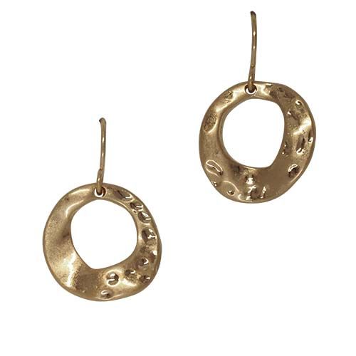 Pair of small hammered gold-tone open circle earrings on fish hooks.