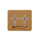 Silver-tone cubic zirconia cross stud earrings with baguette stones, on an Ear Mints card
