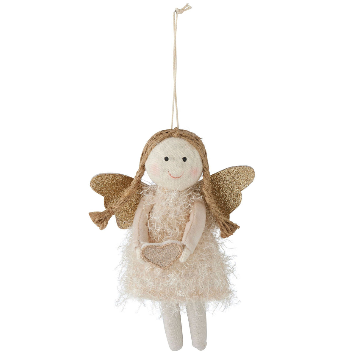 Fabric angel ornament with plaited hair, glittery gold wings and a fluffy cream dress, holding a small heart, on a hanging loop.