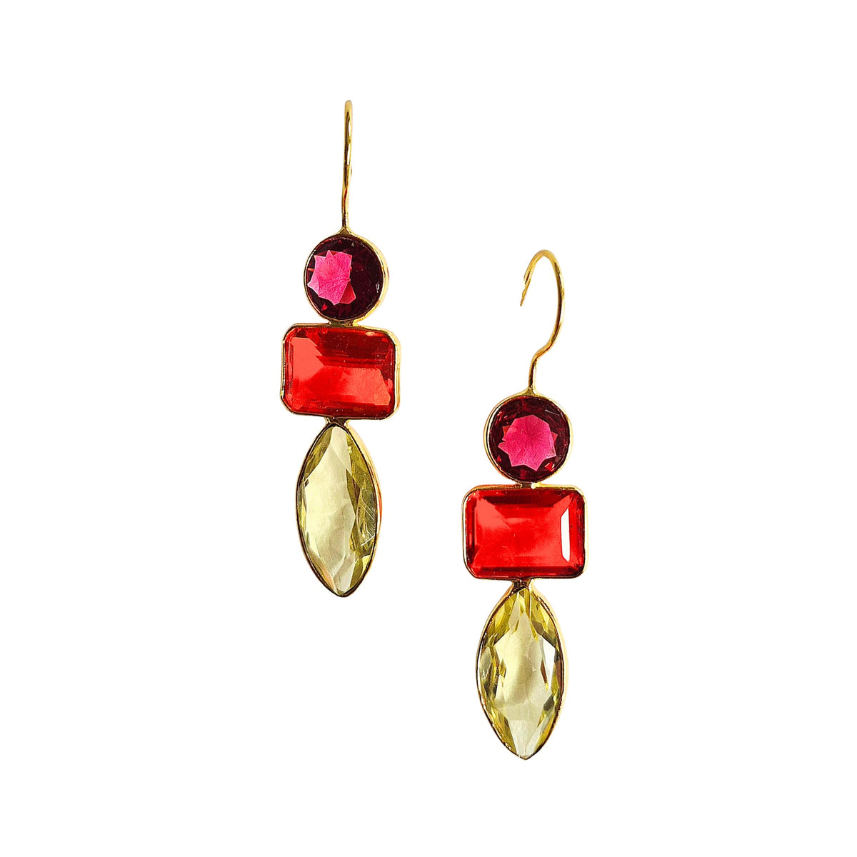 Pair of gold-tone hook earrings, each with a berry round stone, a red rectangular stone and a pale yellow marquise stone in a line.