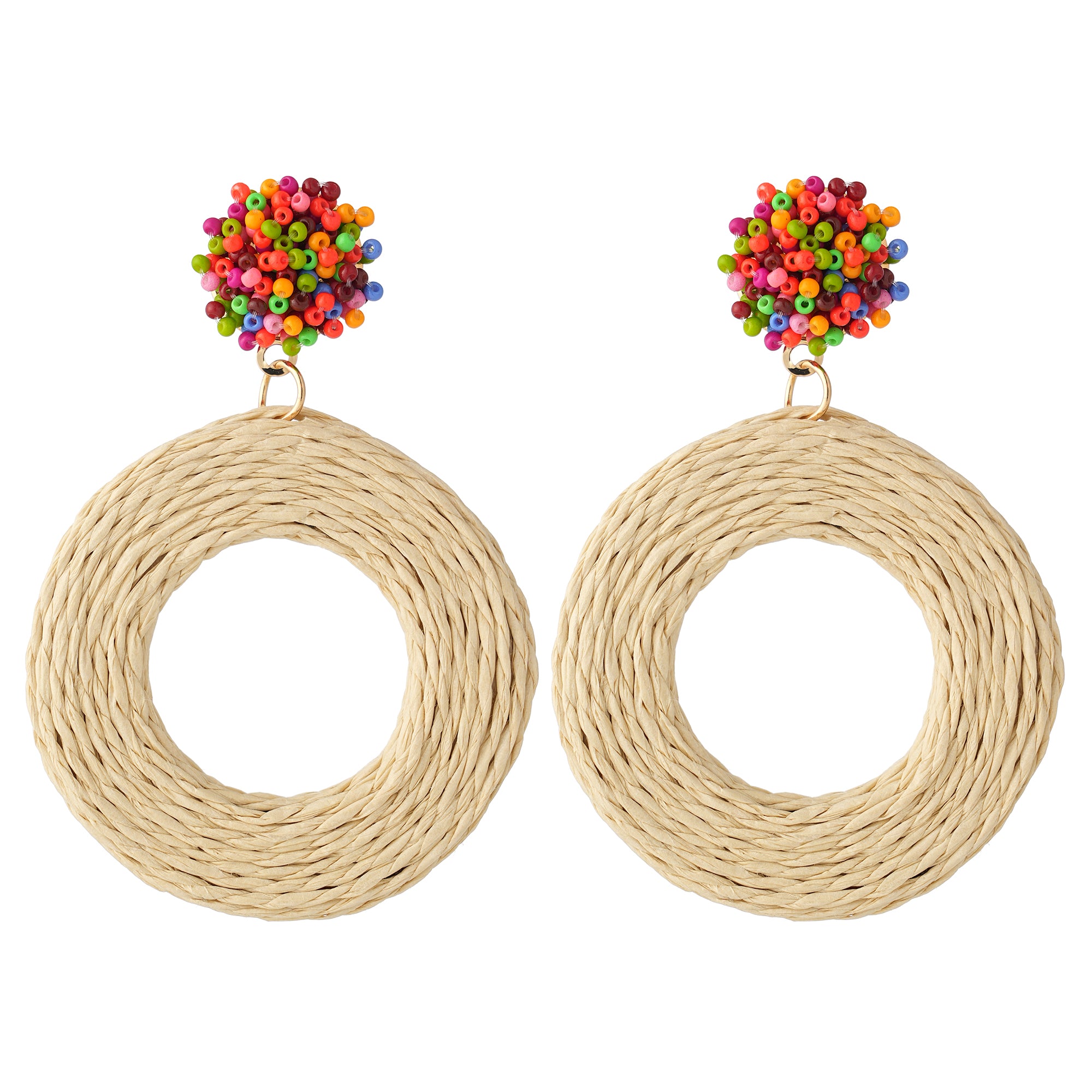 Earrings with a multicoloured beaded stud above a woven raffia hoop