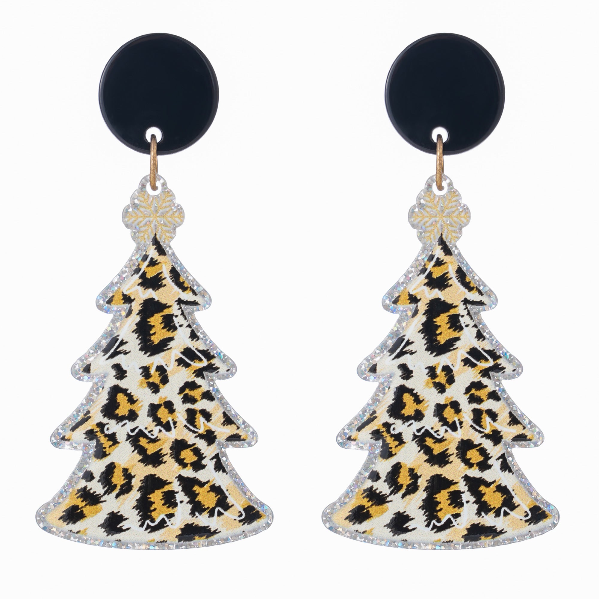 Christmas tree earrings in glitter-edged leopard print below a black disc stud