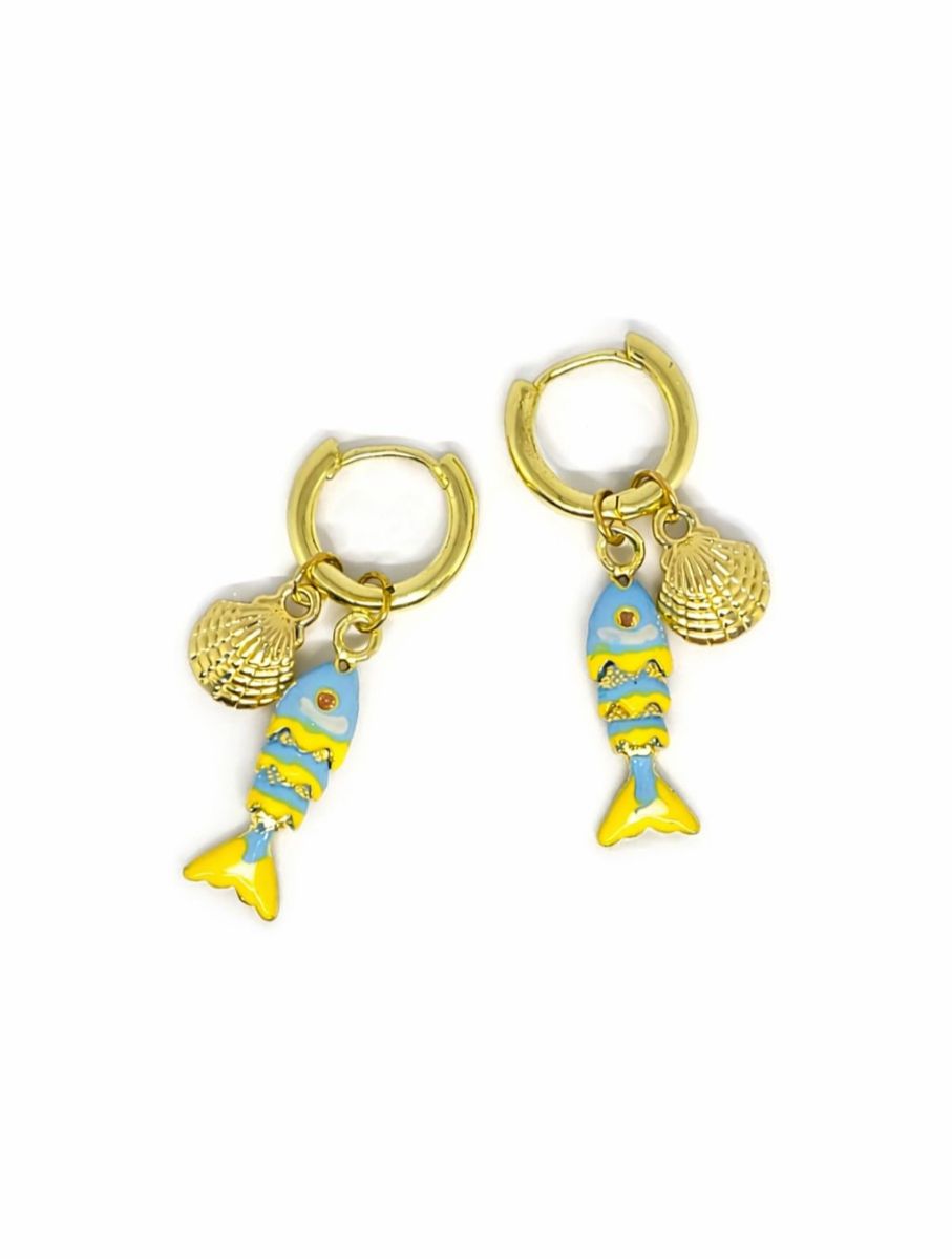 Pair of gold-tone huggie hoops, each with a pale blue and yellow fish charm and a gold-tone scallop shell