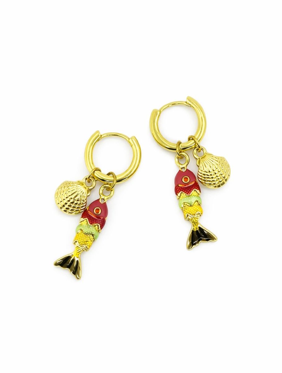 Pair of gold-tone huggie hoops, each with a red, yellow and lime fish charm and a gold-tone scallop shell