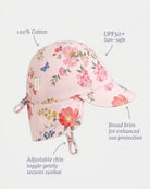 Labelled view of the flap cap noting 100% cotton, UPF50+, broad brim and the adjustable chin toggle