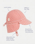 Labelled view of the flap cap noting 100% cotton, UPF50+, broad brim and the adjustable chin toggle