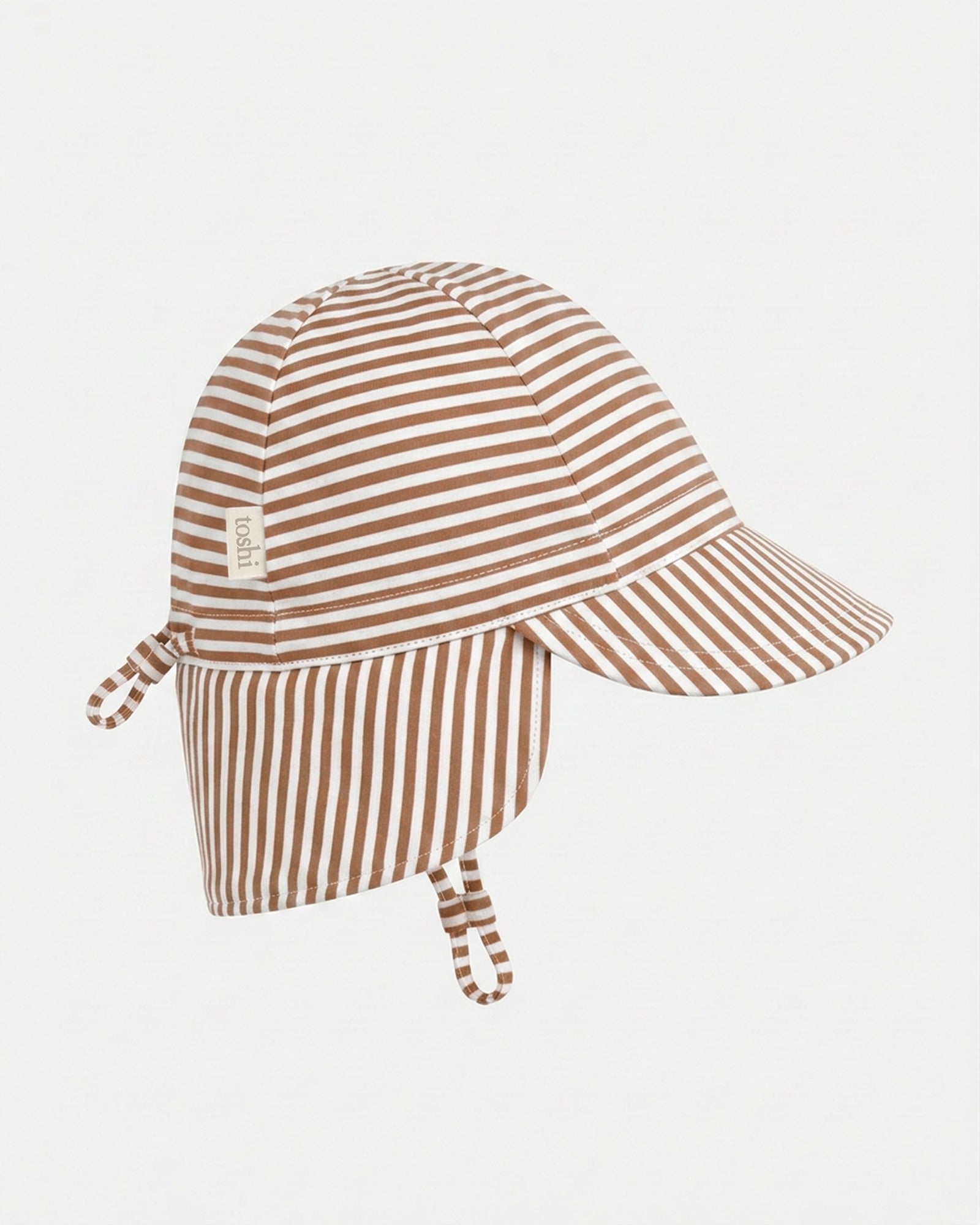 Toshi Mini Mocha flap cap in fine brown and white stripes with a neck flap and chin strap