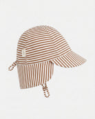 Toshi Mini Mocha flap cap in fine brown and white stripes with a neck flap and chin strap