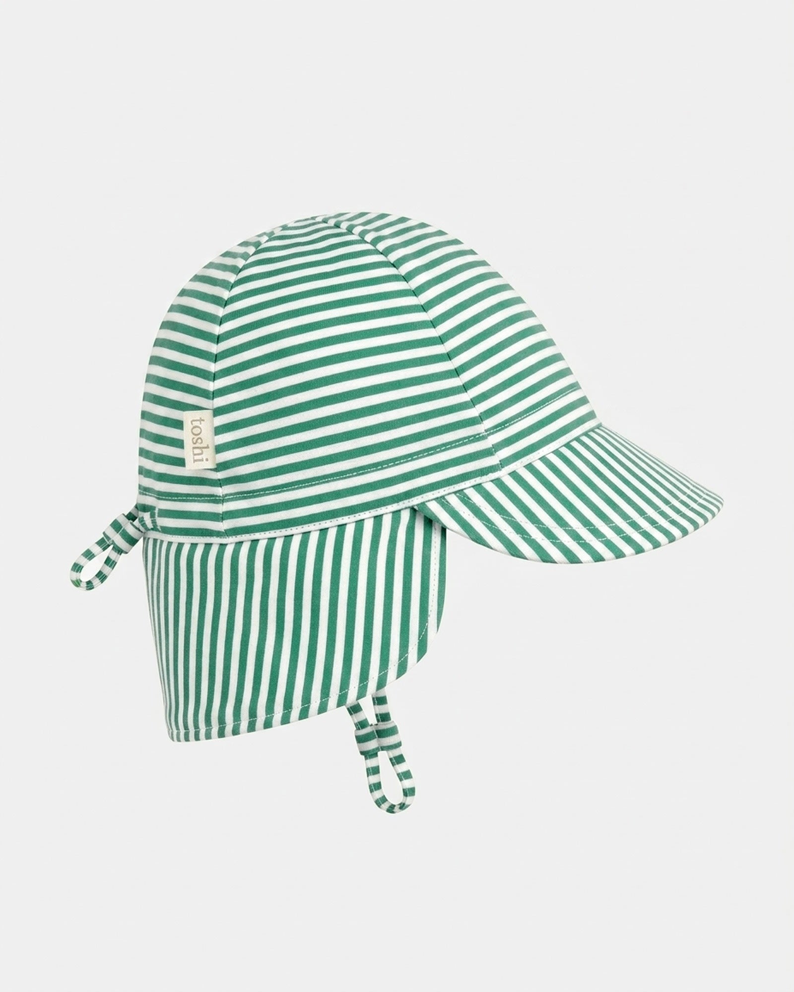 Toshi Mini Pistachio flap cap in fine green and white stripes with a neck flap and chin strap