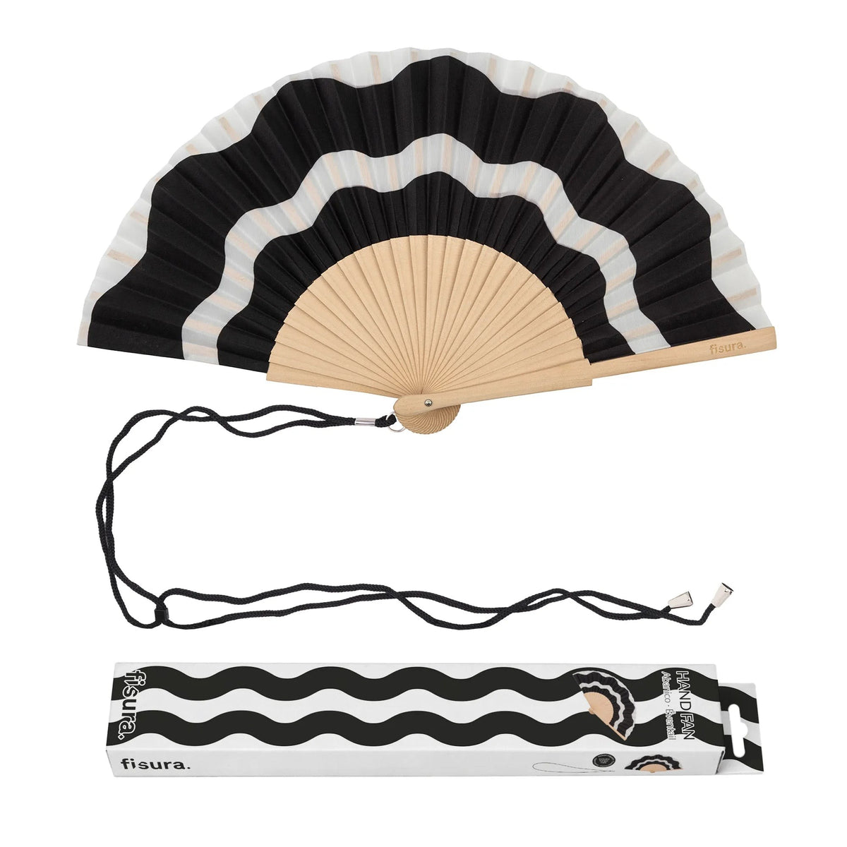 Open fan with a black and white wave leaf, black cord and printed gift box below