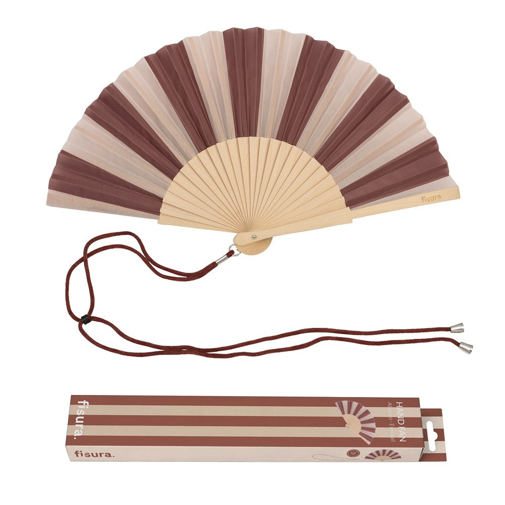 Open fan with brown and beige stripes, brown cord and printed gift box below