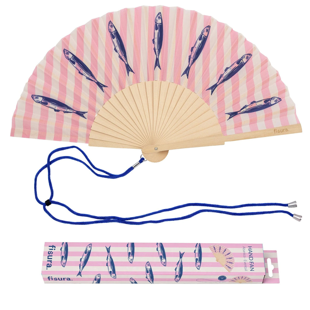 Open fan with a pale pink striped leaf printed with blue sardines, blue cord and printed gift box below