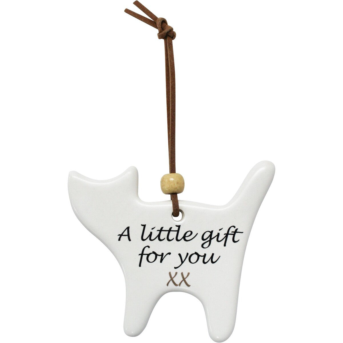 Back of the ceramic cat gift tag, printed with A little gift for you xx