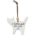 Back of the ceramic cat gift tag, printed with A little gift for you xx