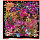 Forgotten Temple Pink silk scarf laid flat, showing magenta, coral and green jungle foliage on black with a coral border