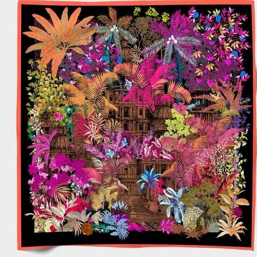 Forgotten Temple Pink silk scarf laid flat, showing magenta, coral and green jungle foliage on black with a coral border
