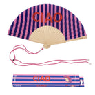 Open fan in blue and pink stripes with Ciao in red glitter, pink cord and printed gift box below