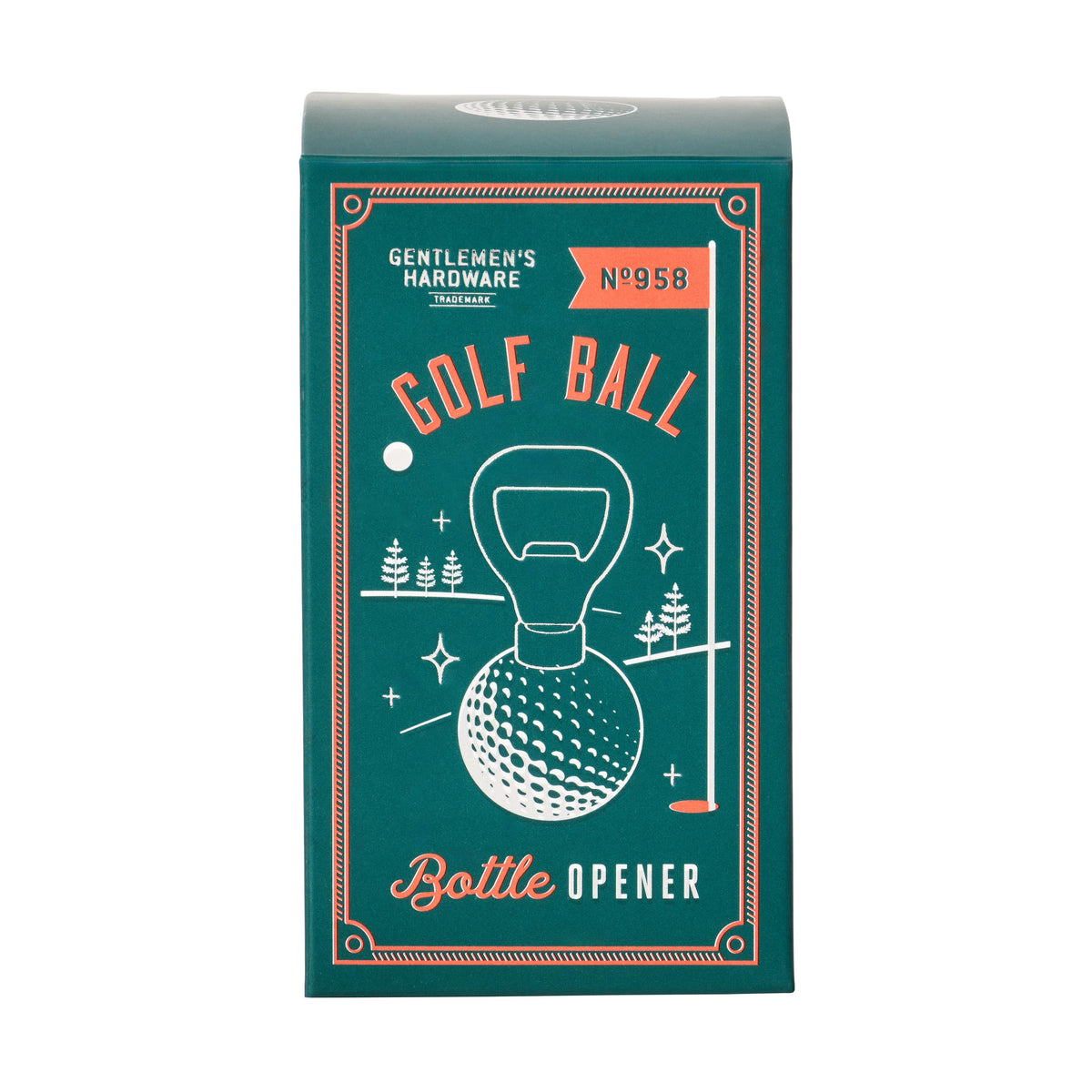 Green Gentlemen's Hardware box for the Golf Ball Bottle Opener, illustrated with a golf ball, a flag and trees