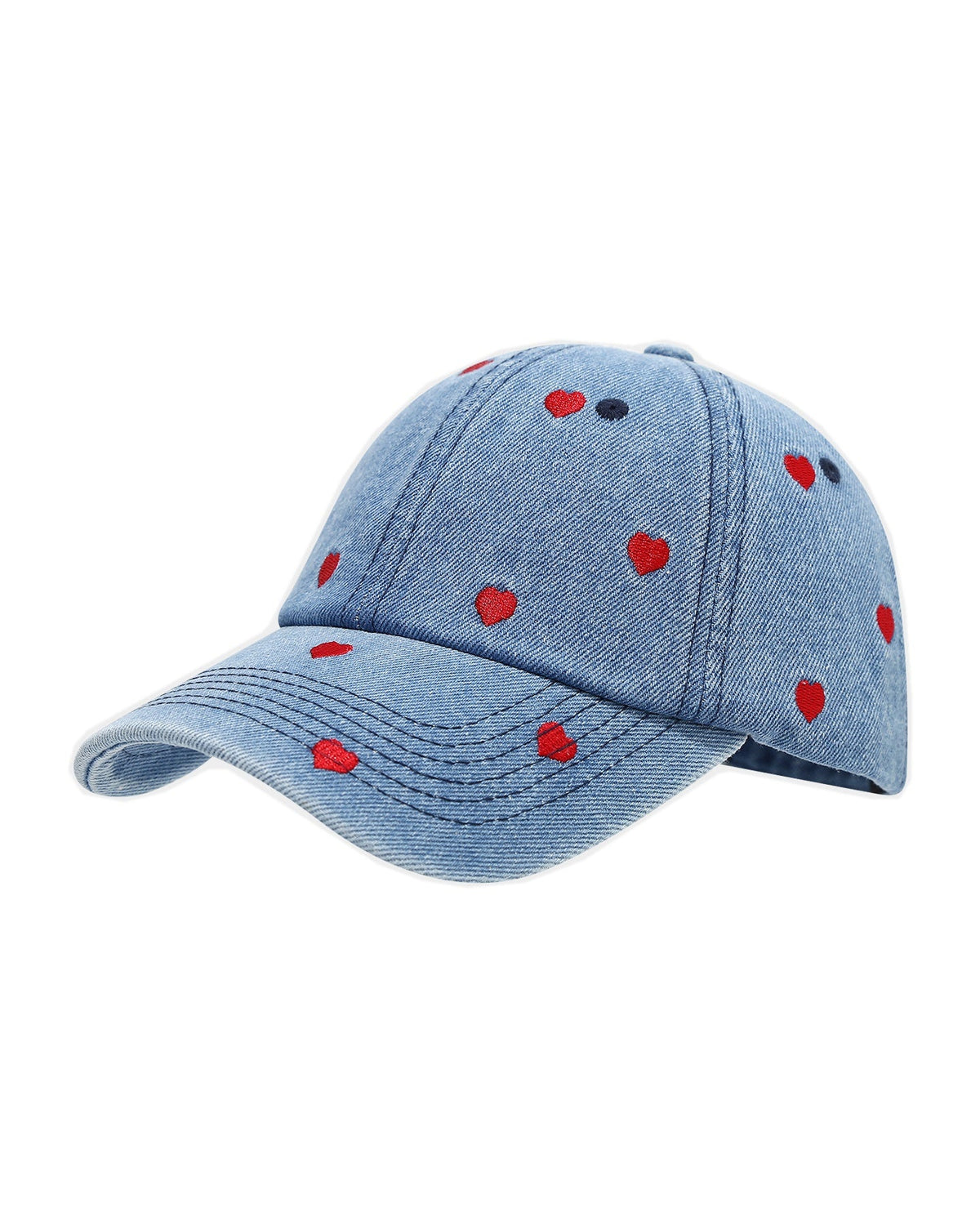 Mid-wash blue denim baseball cap embroidered all over with small red hearts, shown from the front with a curved brim.