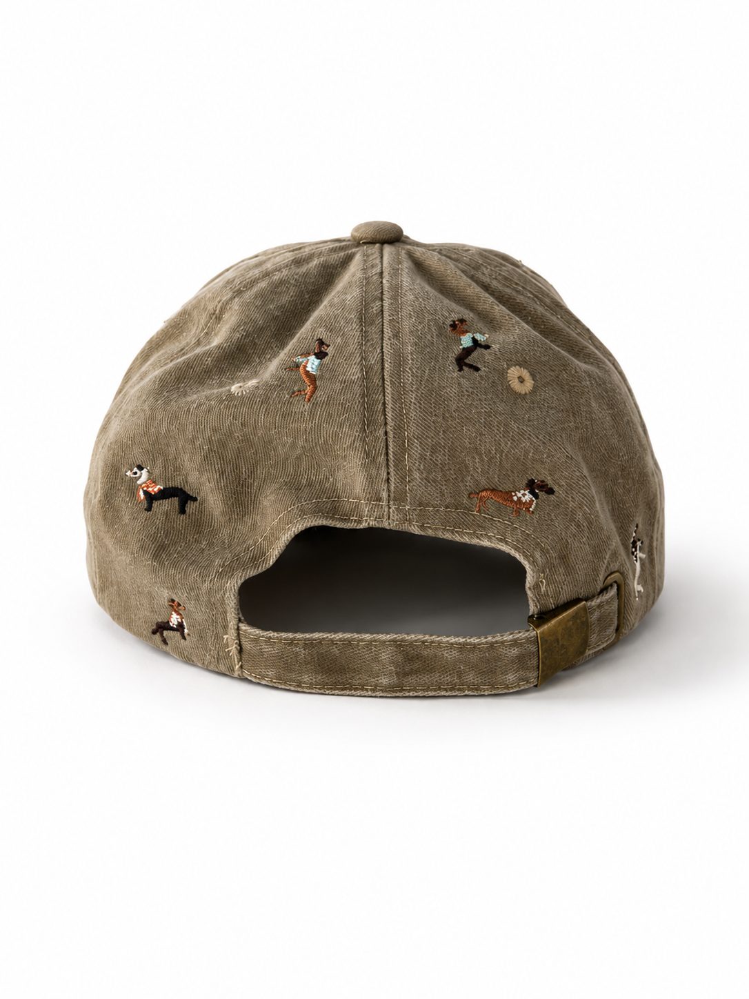 Back of the khaki dachshund cap, showing the open gap and adjustable buckle strap.