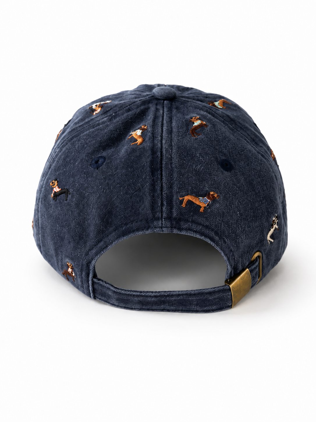 Back of the navy dachshund cap, showing the open gap and adjustable buckle strap.