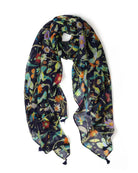 Navy lightweight scarf printed with bright botanical flowers and birds, looped to show the navy tassels at each end.