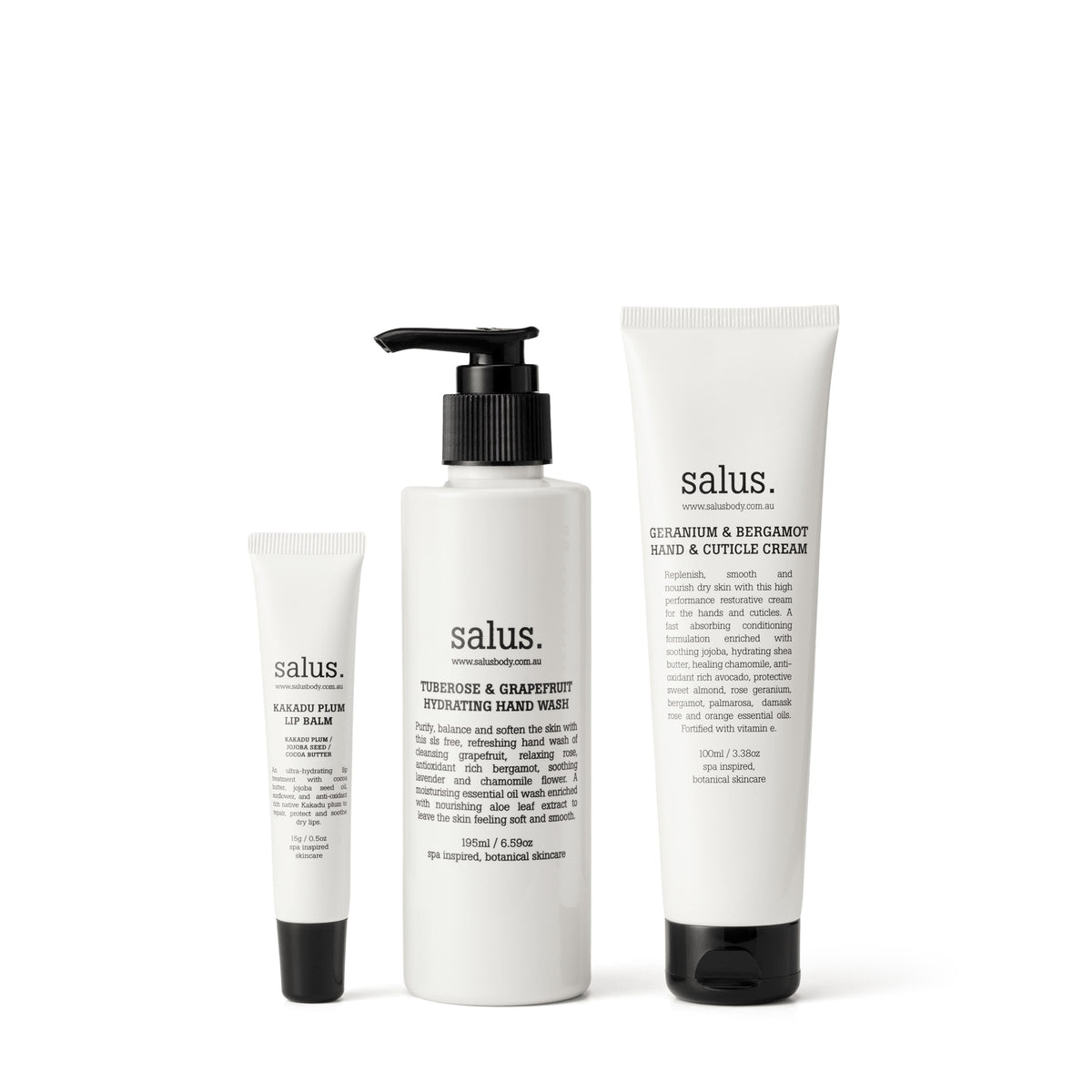 The three products inside: a Kakadu Plum lip balm tube, a Tuberose & Grapefruit hand wash pump bottle and a Geranium & Bergamot hand cream tube.