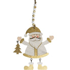 Flat Santa hanging decoration with a whitewashed body, gold hat and cuffs, pale pink mittens, a small gold tree and dangling gold boots, on a beaded cord