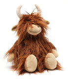 Plush Highland cow in long shaggy rust-coloured fur with cream horns and cream hooves, sitting facing forward.