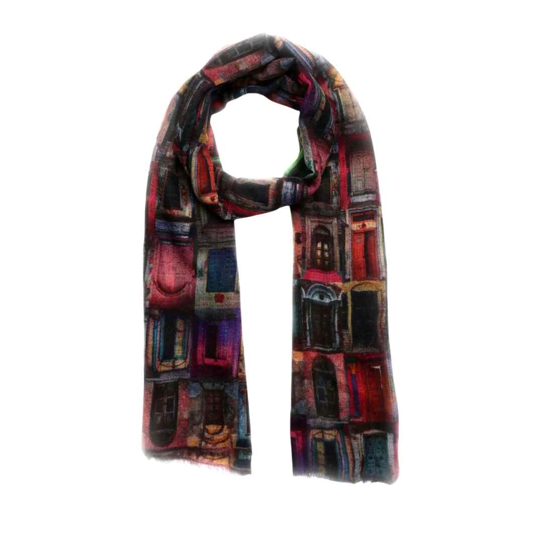 Heritage Doorways modal silk scarf draped, a collage of doorways and windows in red, blue and purple on black