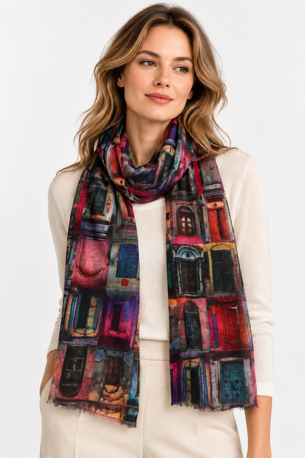 Heritage Doorways modal silk scarf worn looped around the neck over a cream top