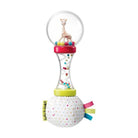 Sophie la Girafe soft maracas rattle with a clear domed top holding Sophie, a red and yellow ribbed middle section, and a white speckled base with fabric tags.