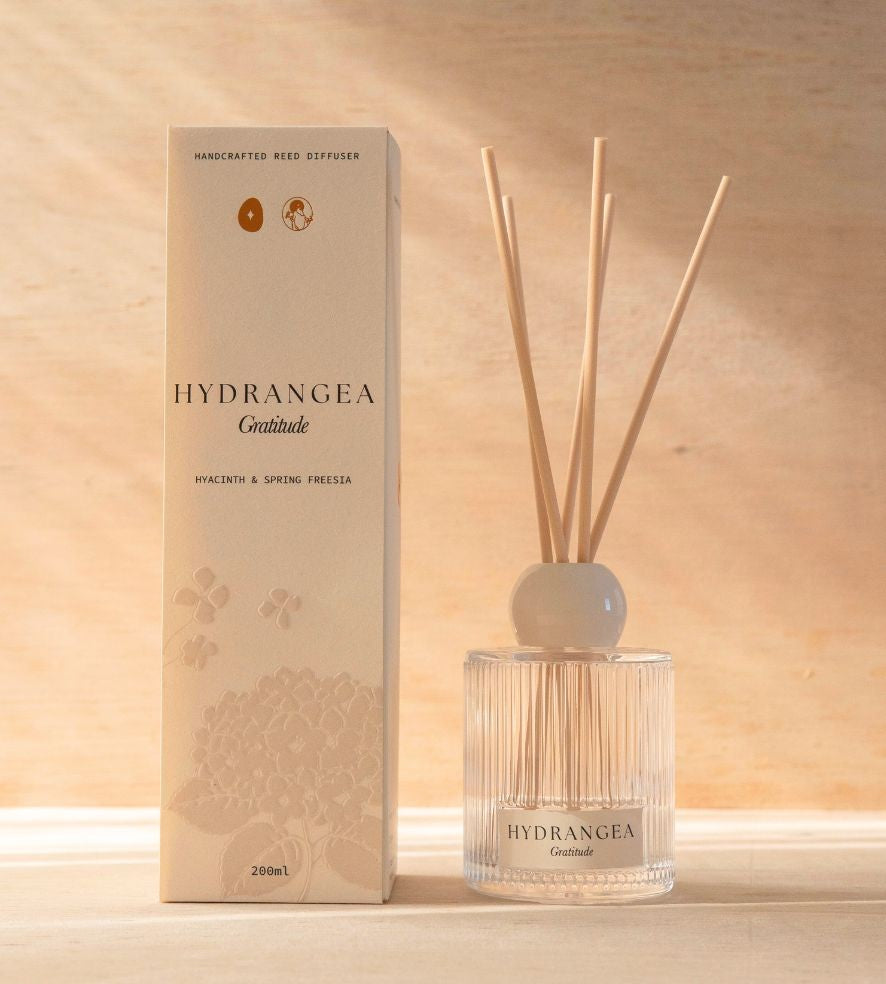 The Hydrangea reed diffuser, a ribbed glass bottle with natural reeds, beside its cream box.