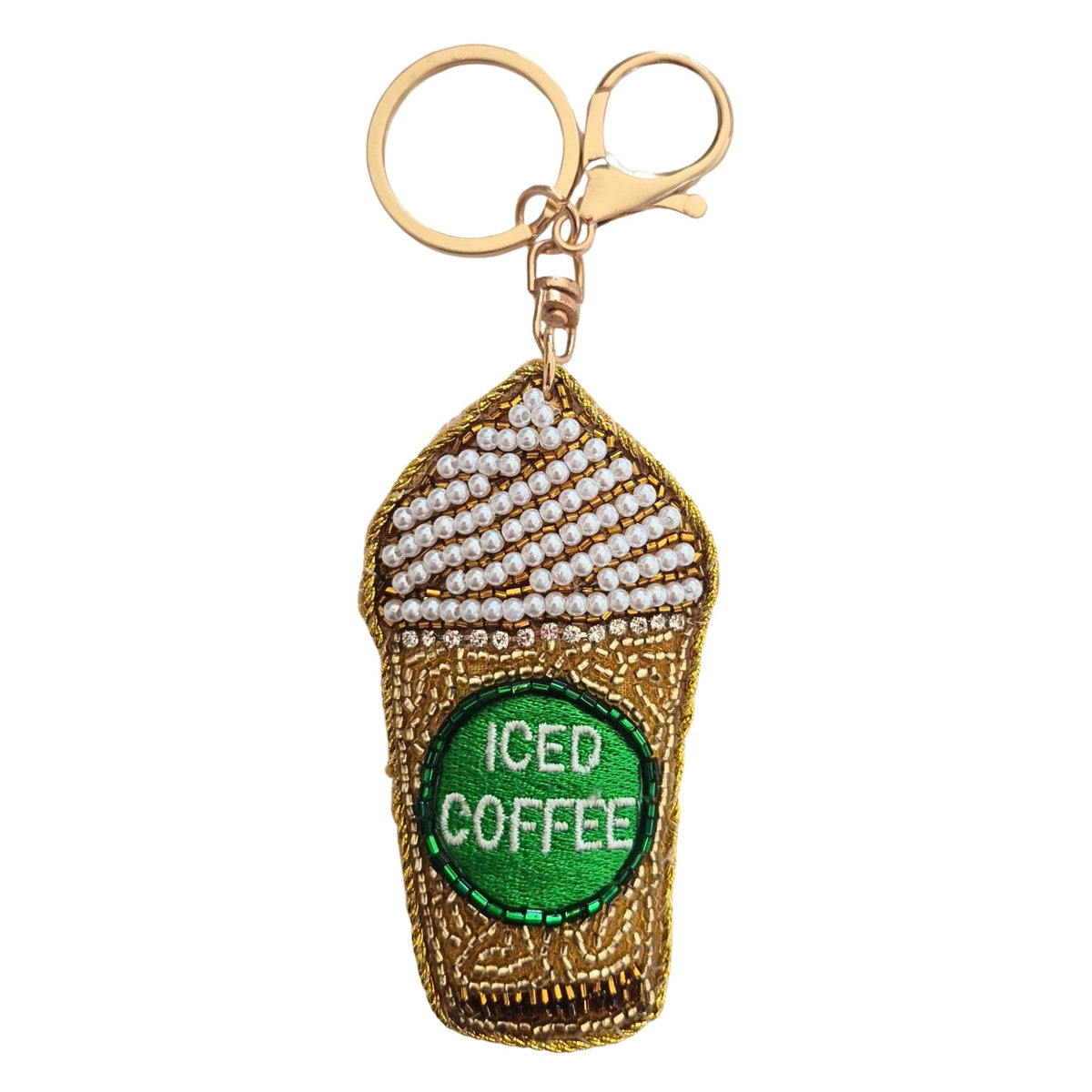 Beaded keyring shaped like a takeaway iced coffee cup with white beaded cream and a green ICED COFFEE label, on a gold-tone clip and ring.