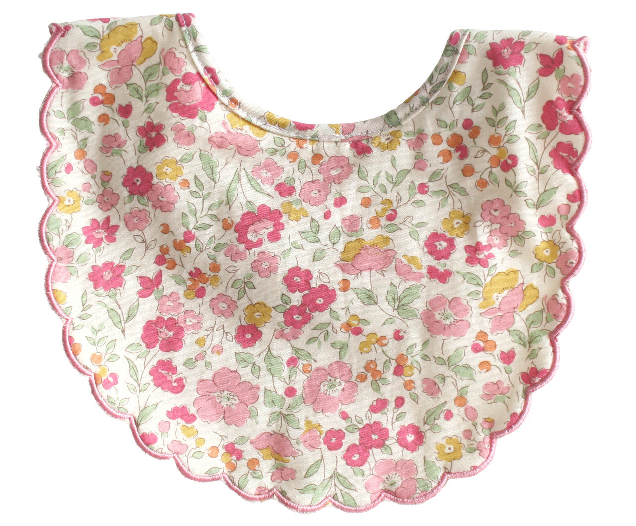 Scallop edged baby bib in pink and yellow floral print, front view