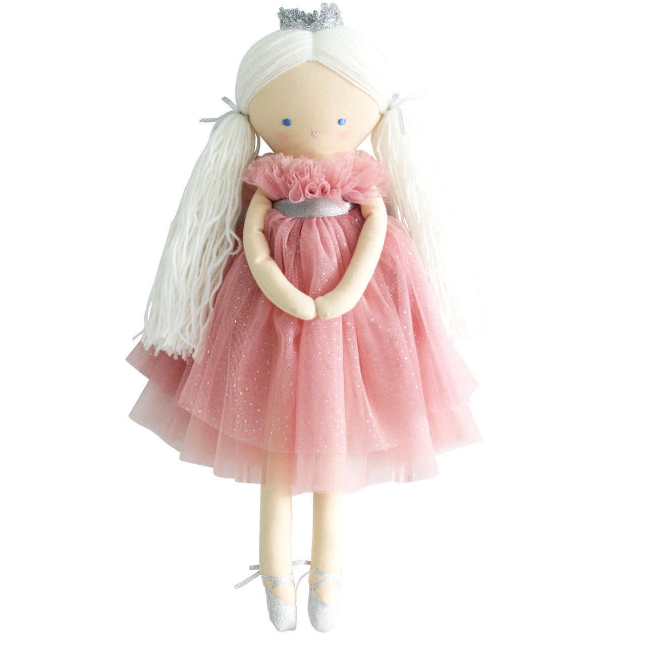 Penelope princess doll with long white hair, silver crown and blush tulle dress