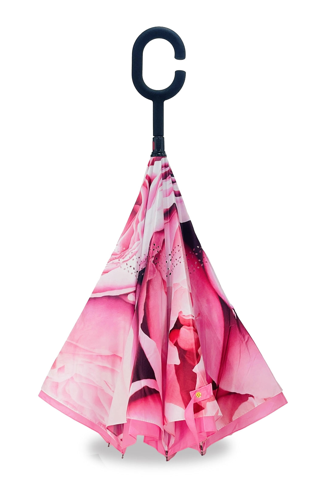 Rose Bloom reverse umbrella folded inside out and standing on its points, the roses on the outside