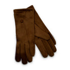A pair of tan brown suede-look stretch gloves laid one across the other, each with a small covered button at the wrist and stitched seam lines along the back of the hand.
