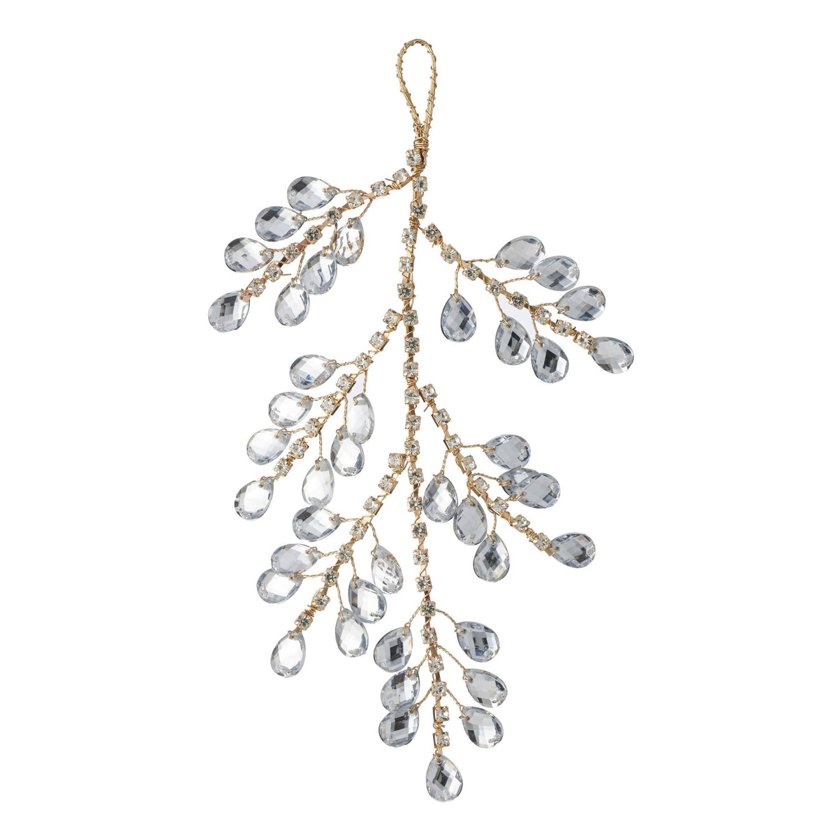 Hanging ornament of clear faceted droplets on branching gold-tone wire, with a loop at the top.
