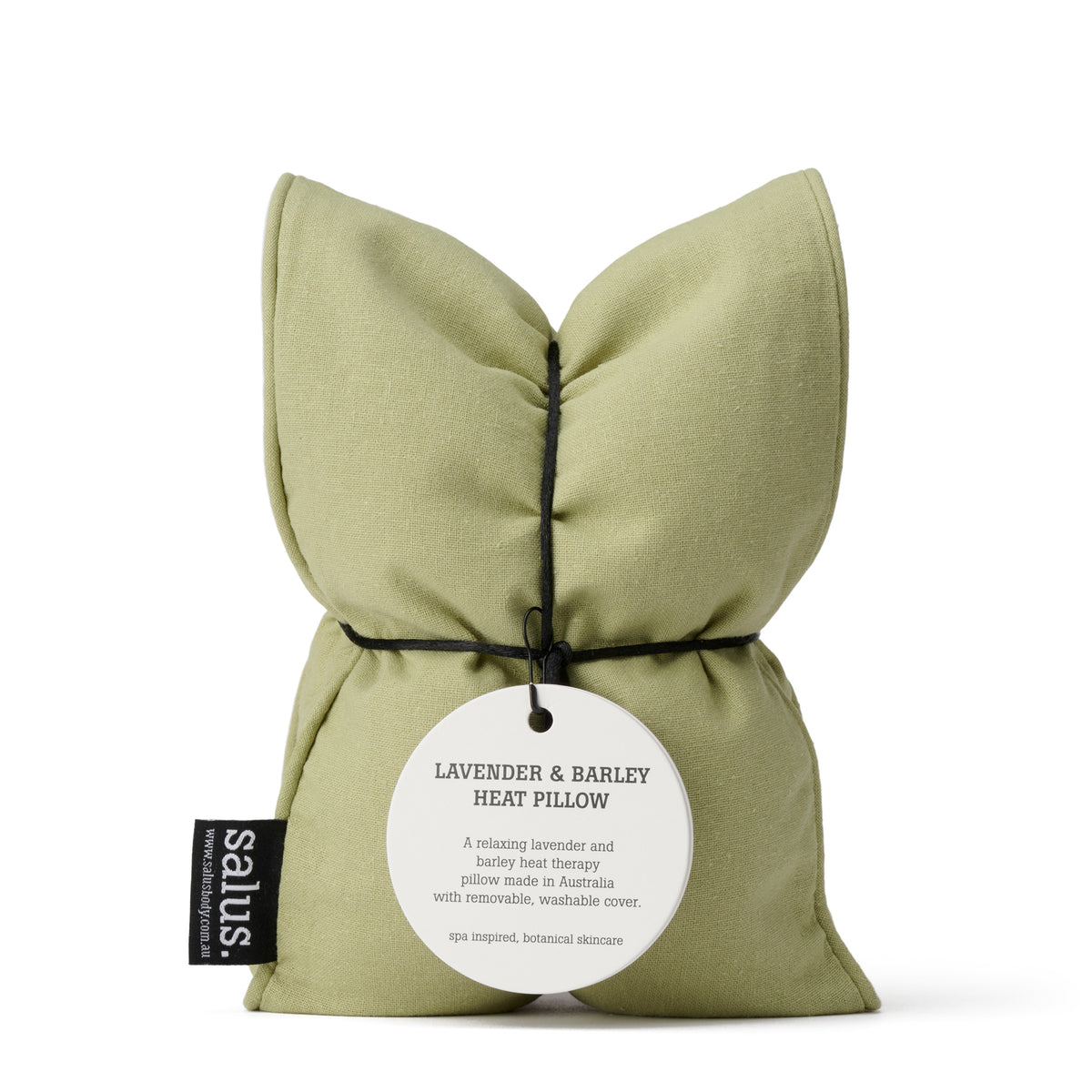 Salus Lavender & Barley Heat Pillow in mint cotton, folded and tied with dark cord and a round swing tag