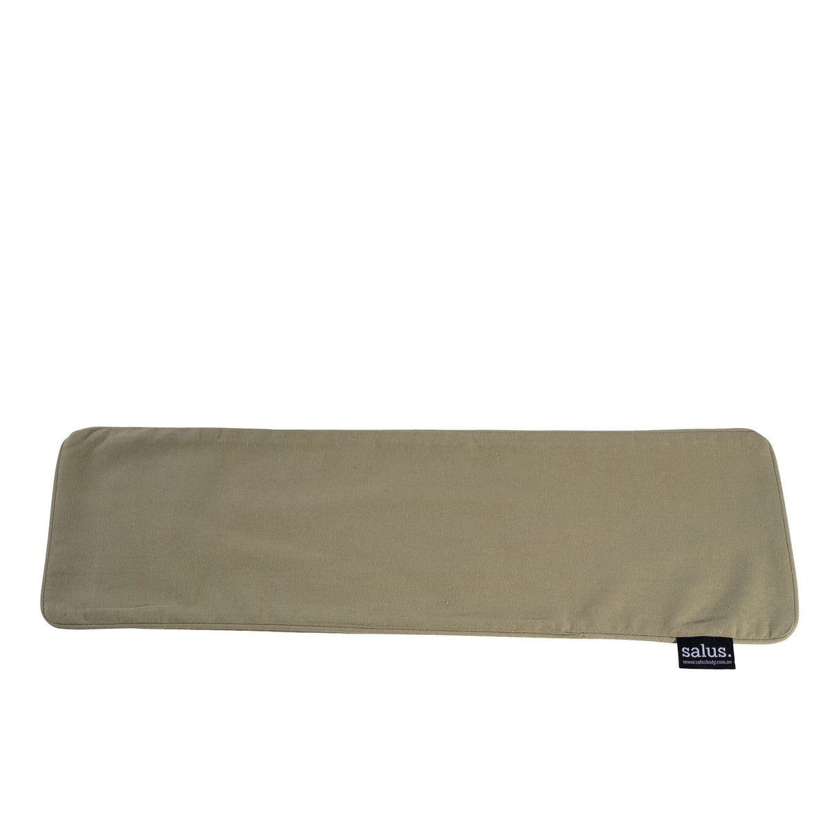 Mint Salus heat pillow laid flat, showing its long rectangular shape and black Salus label