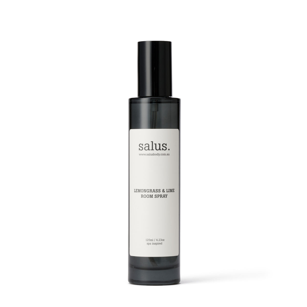 Salus Lemongrass & Lime Room Spray in a 125 ml smoked glass bottle with a black spray top.