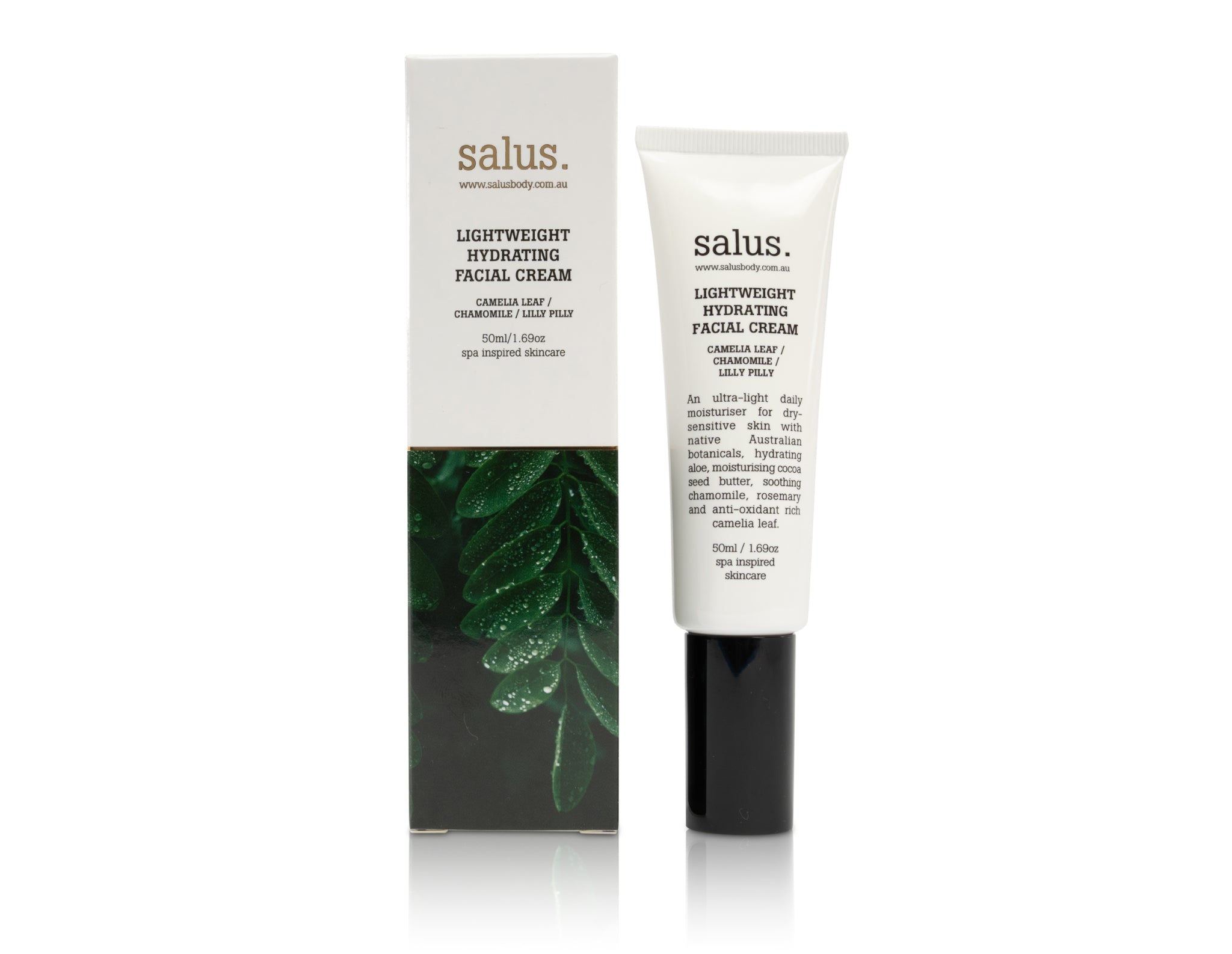 Salus Lightweight Hydrating Facial Cream tube beside its green fern gift box