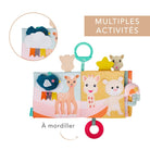 The soft book opened across two animal pages, captioned with multiple activities and a ring to chew.