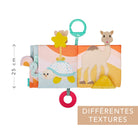 The soft book shown with a 25 cm height marker and a different-textures caption.