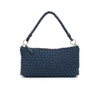 Denim blue woven shoulder bag with a braided handle on two silver-tone rings.