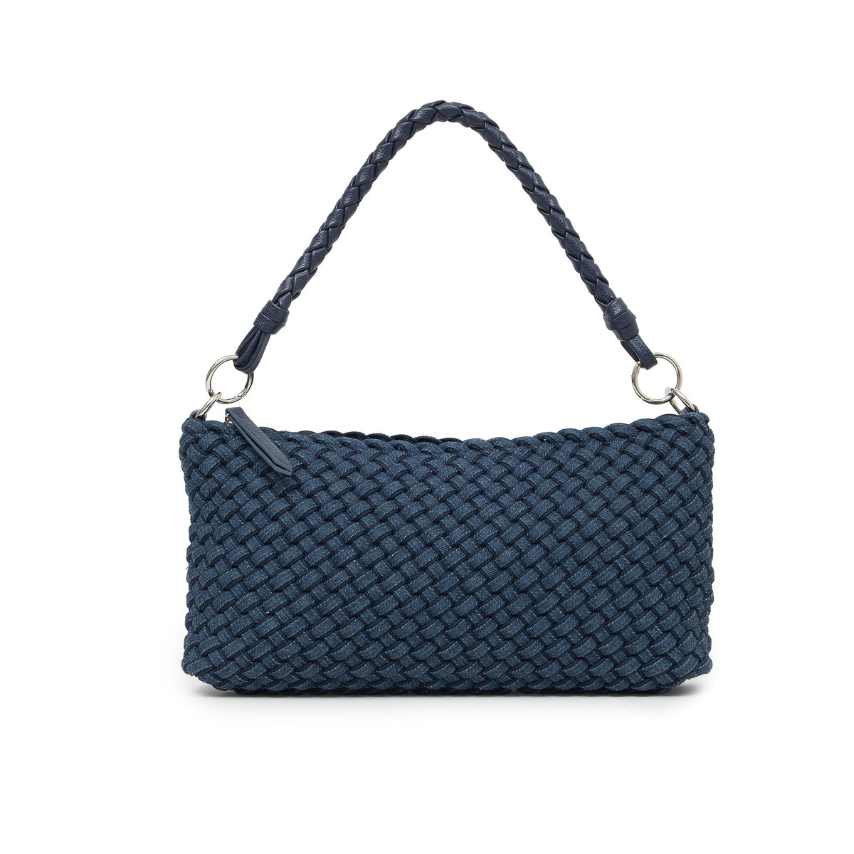 Denim blue woven shoulder bag with a braided handle on two silver-tone rings.