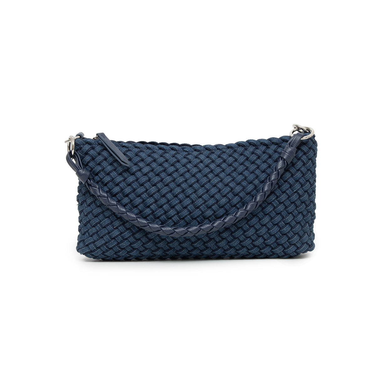 The other side of the woven bag, the braided handle laid across the front.
