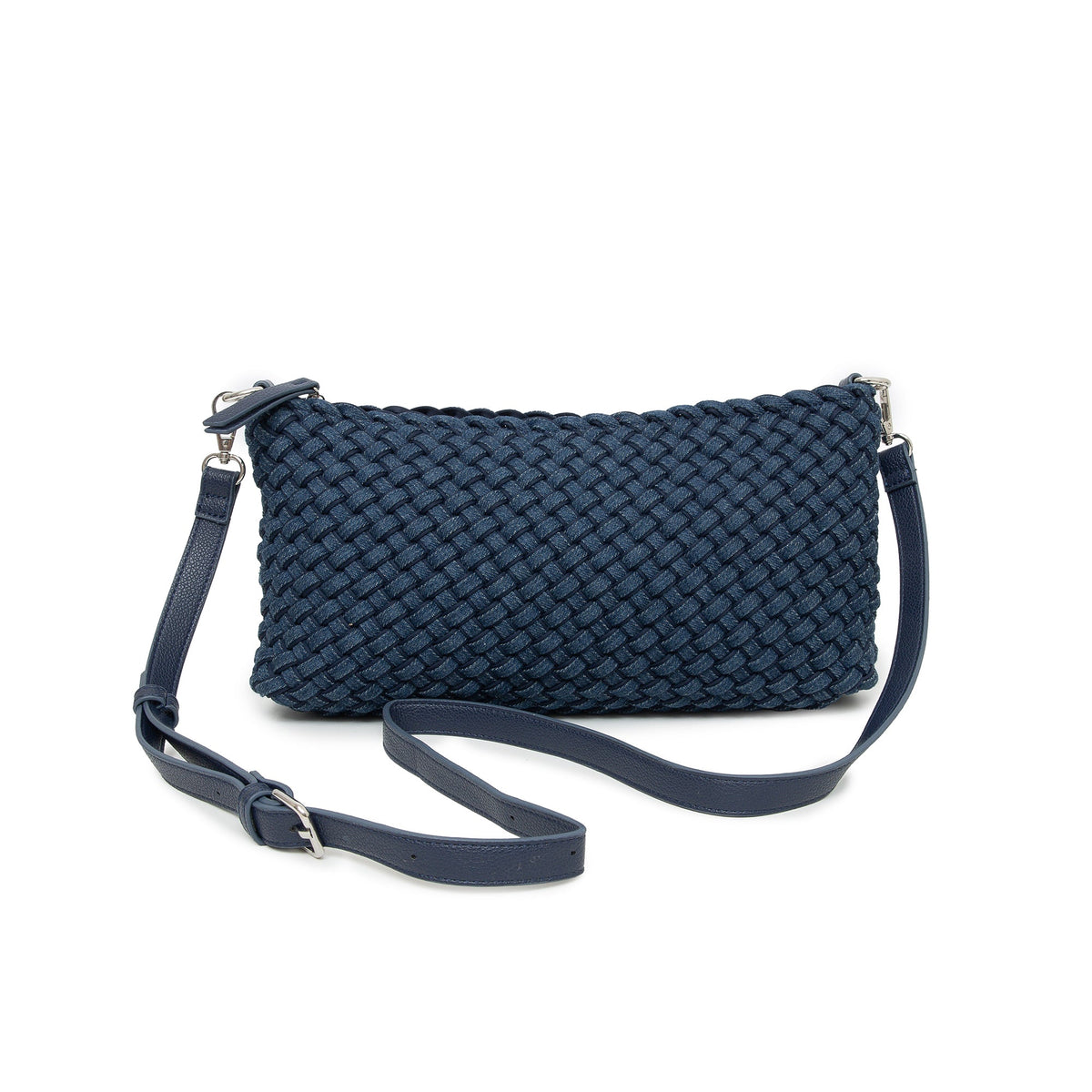 The woven bag at an angle, its long adjustable strap lying in front.