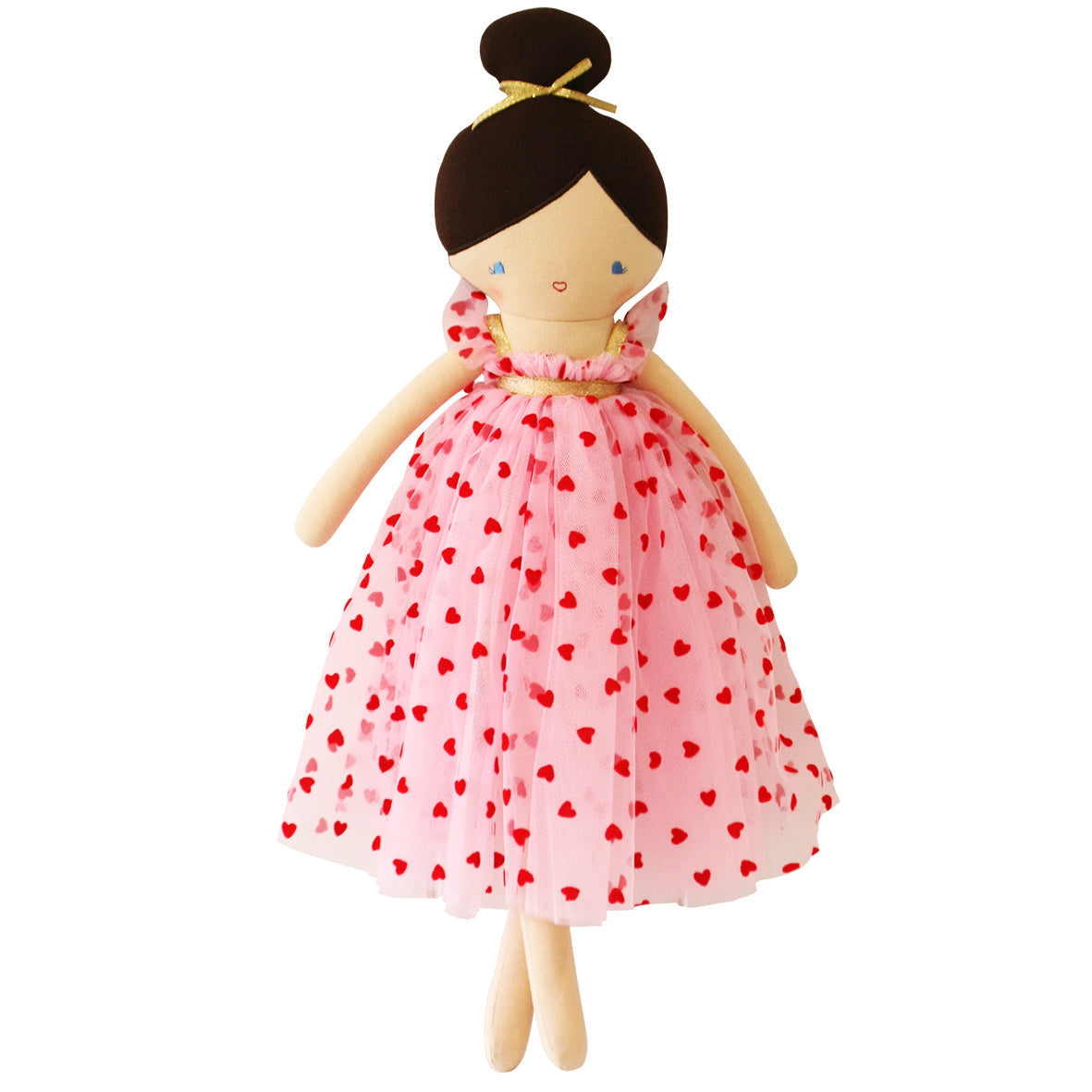 Lottie doll with a brown topknot and a pink tulle dress covered in red flocked hearts, front view